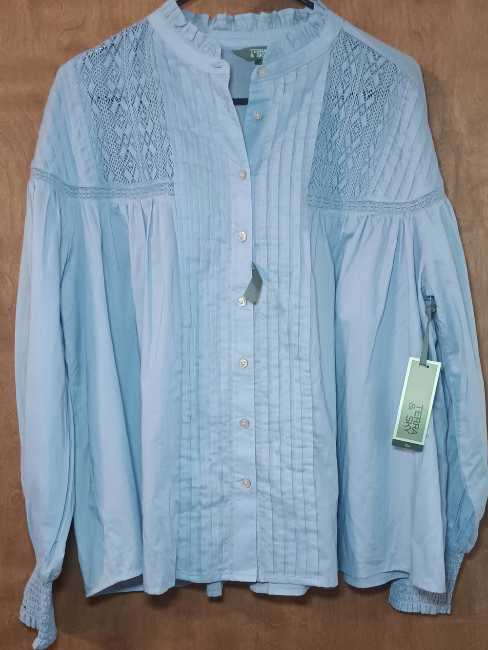 NWT-Terra & Sky Light Blue Pintuck Lace Yoke Button-Front Blouse